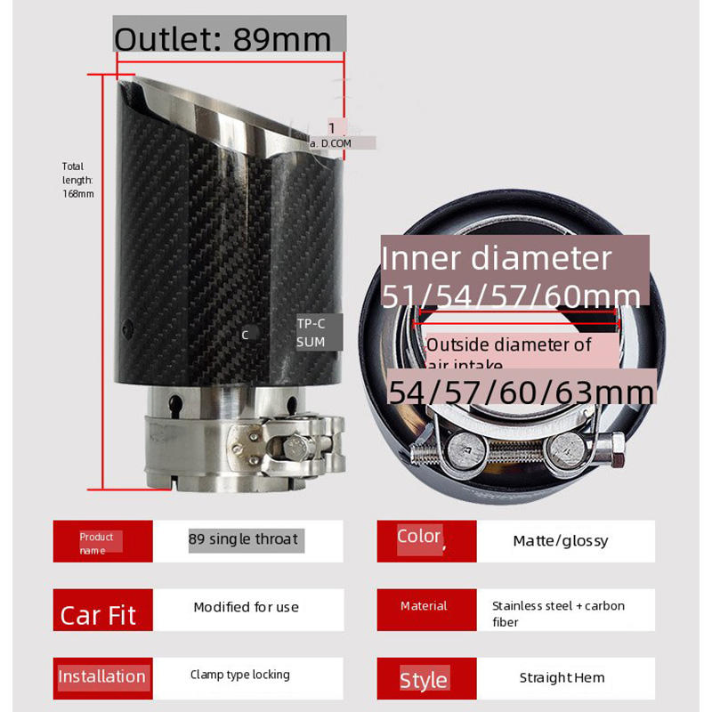 Glossy 3K Carbon Fiber Exhaust Tip Stainless Steel Muffler Pipe Decoration Tail Throat Sport Car Modification Universal Fit