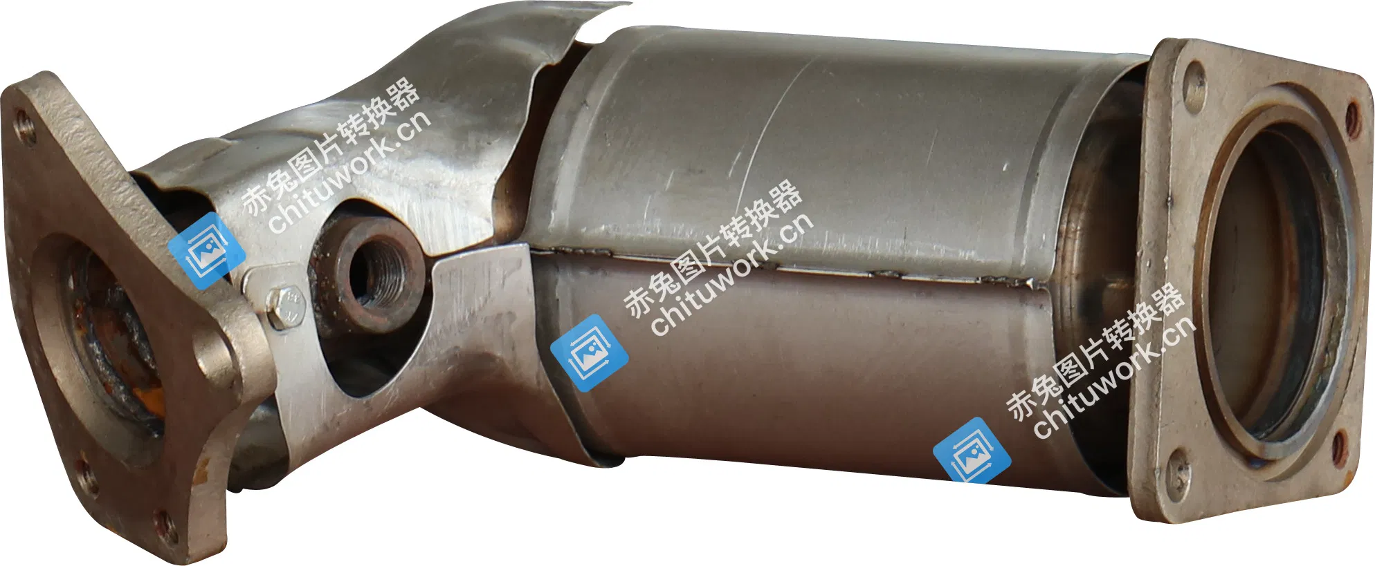 Stainless Steel Catalytic Converter with Internal Ceramic Core and Sensor Ports.