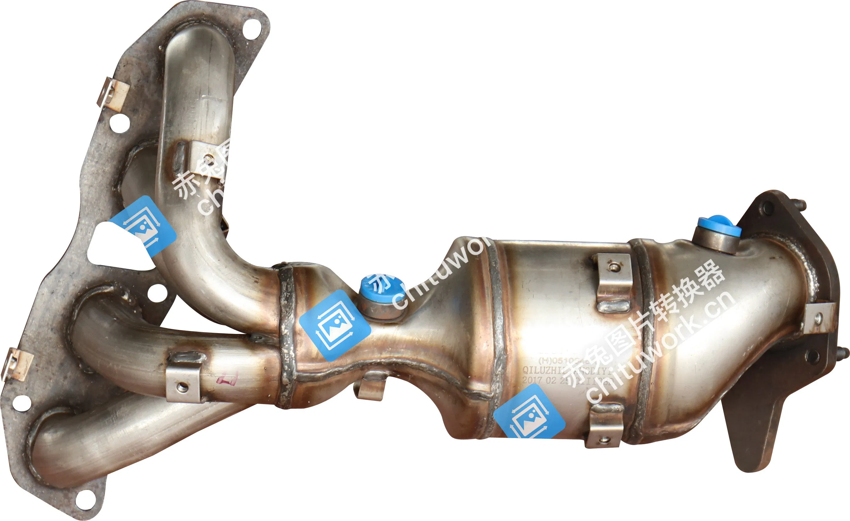 Stainless Steel Catalytic Converter with Internal Ceramic Core and Sensor Ports.