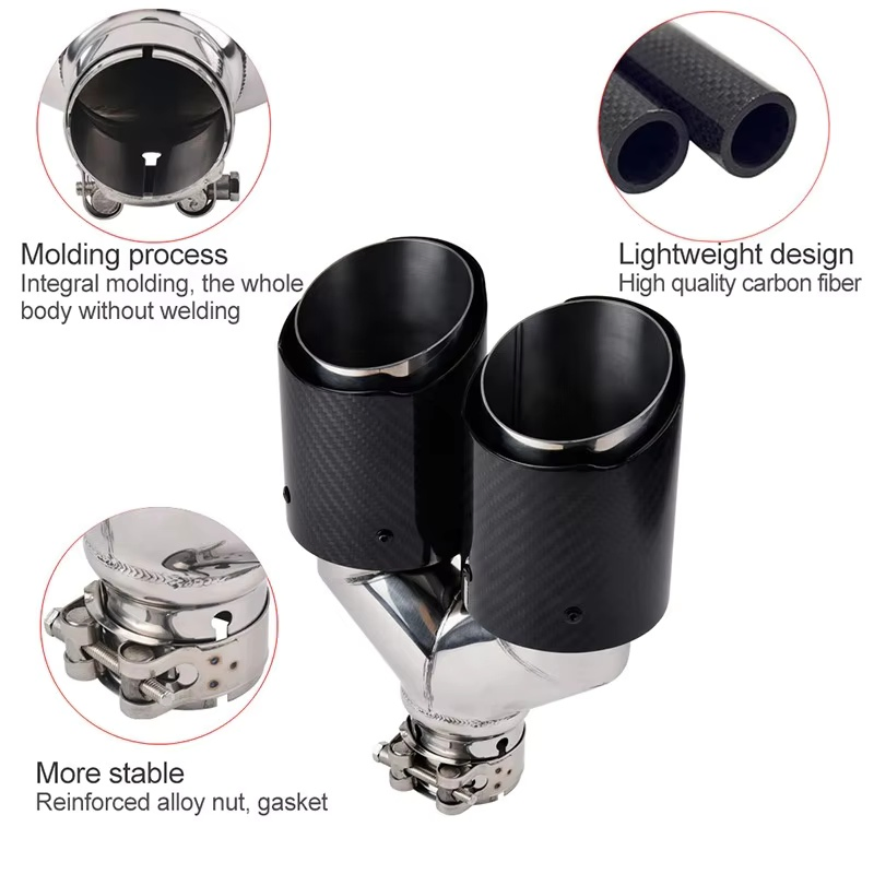 Universal Stainless Steel+Carbon Fiber 89mm*2 Y/H Style Exhaust Tips for Auto Exhaust Muffler System Modification