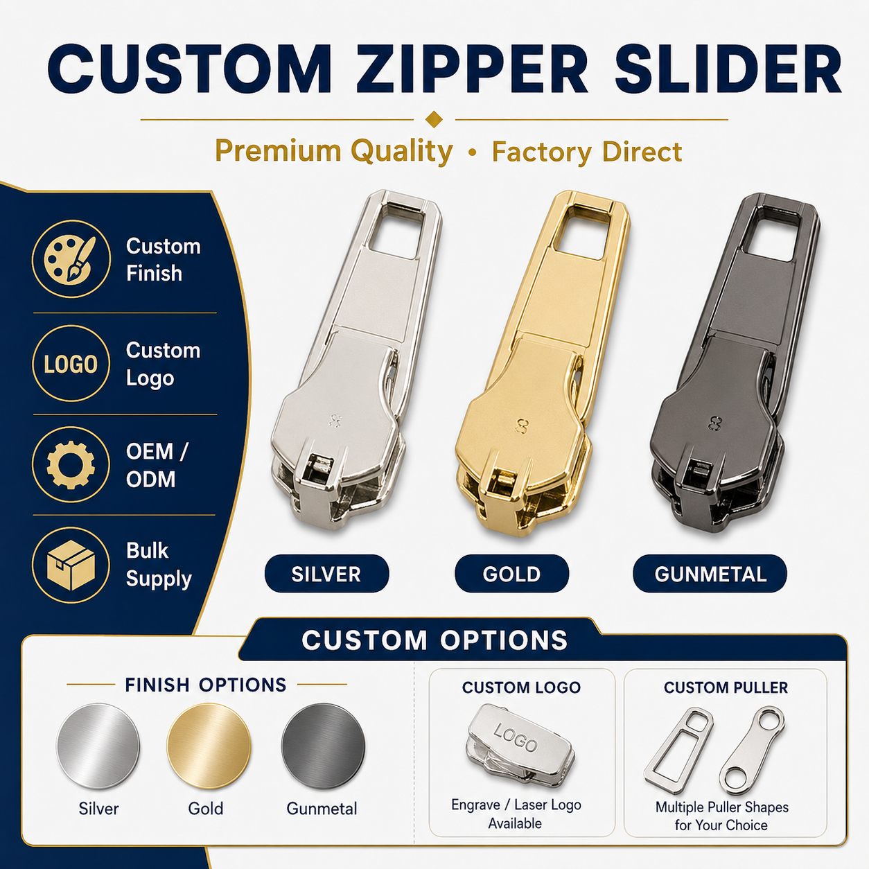 Wholesale Custom Made Metal Zipper Head Replacement YG Gold Black Nickel Spring Lock Sliders Jeans Zipper Pulls For Bags