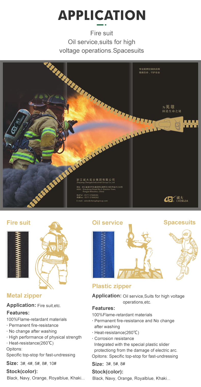 UL Certificate Fireproof Metal Zipper Fire Retardant Zipper With First Aid Top Stopper Flame Retardant Fire Resistance FR Zipper