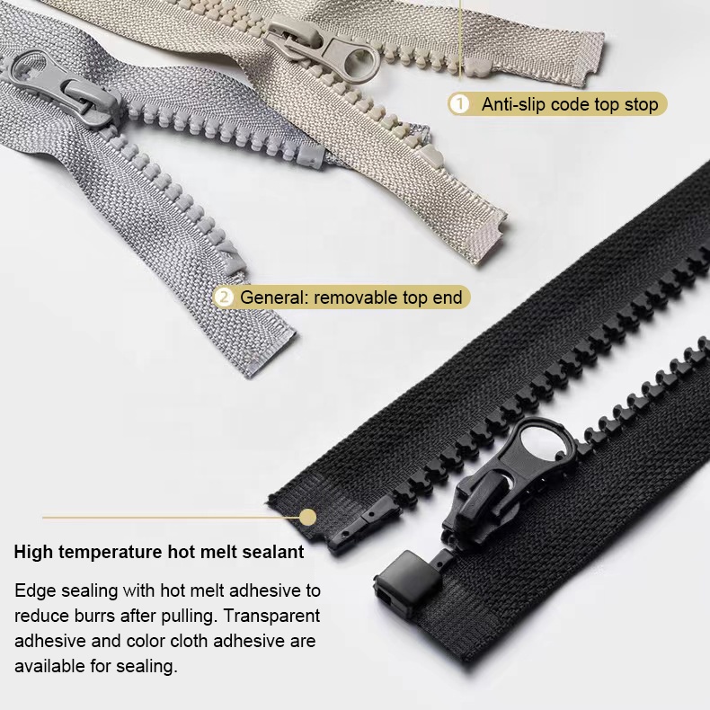 Lanke Black No.3/5/8/10/15/20 Zip Resin Zipper Open-End Vislon Plastic Zippers Open End DTM Thumb Puller Vislon Zipper