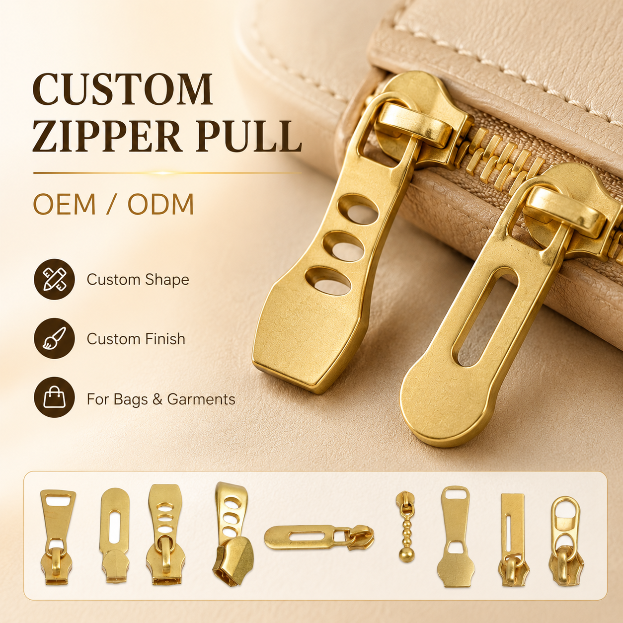 Luxury Custom Matte Brass Color Zipper Slider Nickel-Free Zinc Alloy Customizable Shape Logo For Leather Goods Travel Luggage