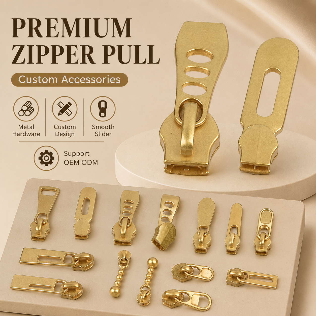 Luxury Custom Matte Brass Color Zipper Slider Nickel-Free Zinc Alloy Customizable Shape Logo For Leather Goods Travel Luggage