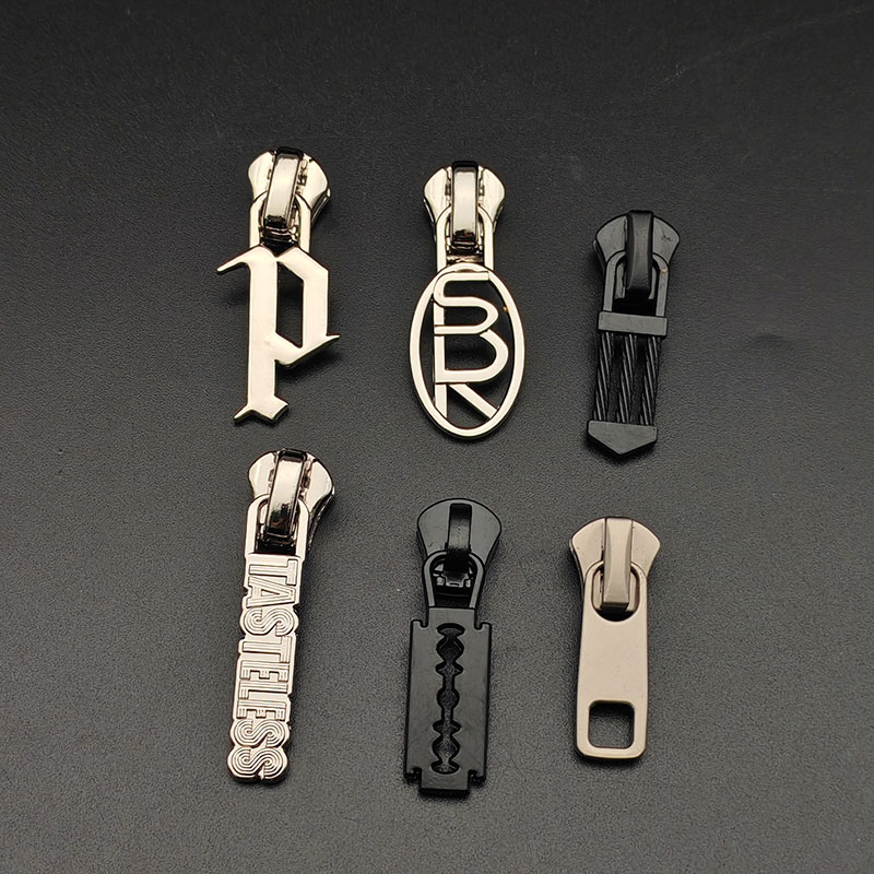 OEM Embossed Brand logo Zip Pulls Custom Designer Metal Zipper Puller With Slider for Bag / Clothing