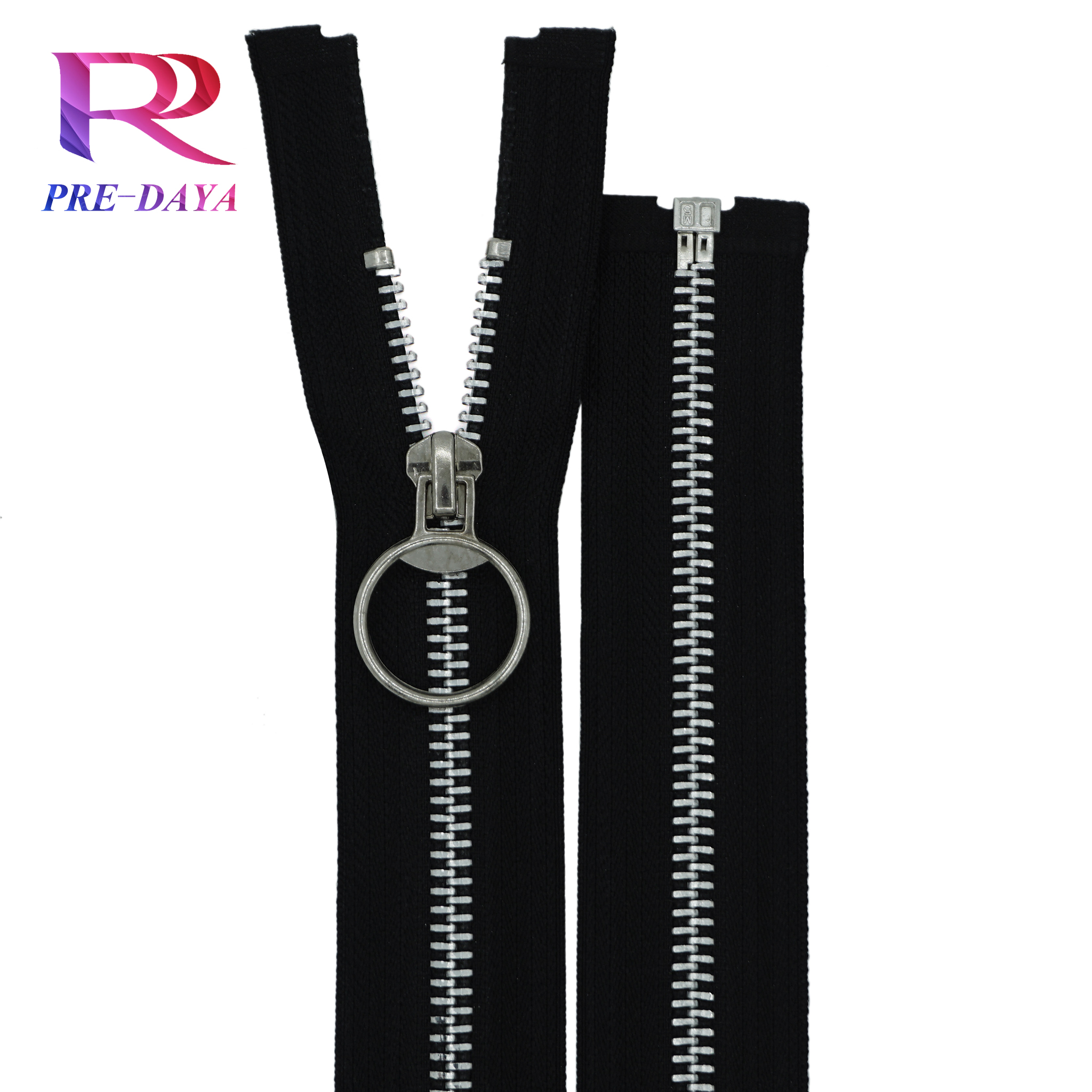 Factory Sale Cheap 3# 5# 8# Aluminum Silver Metal Zipper with Ring Puller Black Tape for Coat