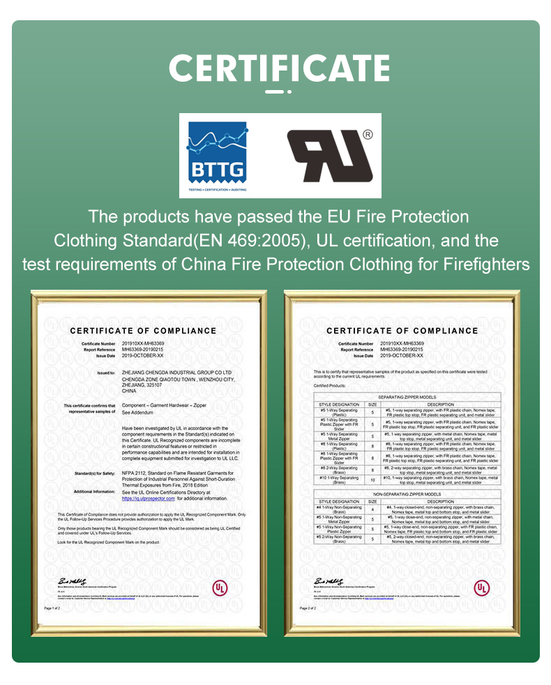 UL Certificate Fireproof Metal Zipper Fire Retardant Zipper With First Aid Top Stopper Flame Retardant Fire Resistance FR Zipper