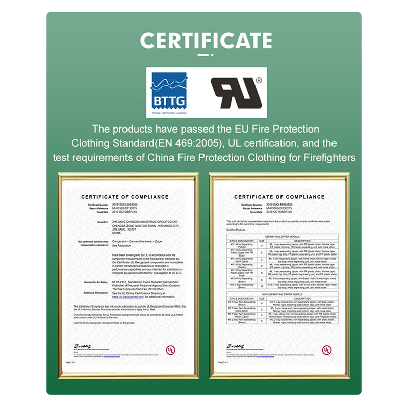 UL Certificate Fireproof Metal Zipper Fire Retardant Zipper With First Aid Top Stopper Flame Retardant Fire Resistance FR Zipper