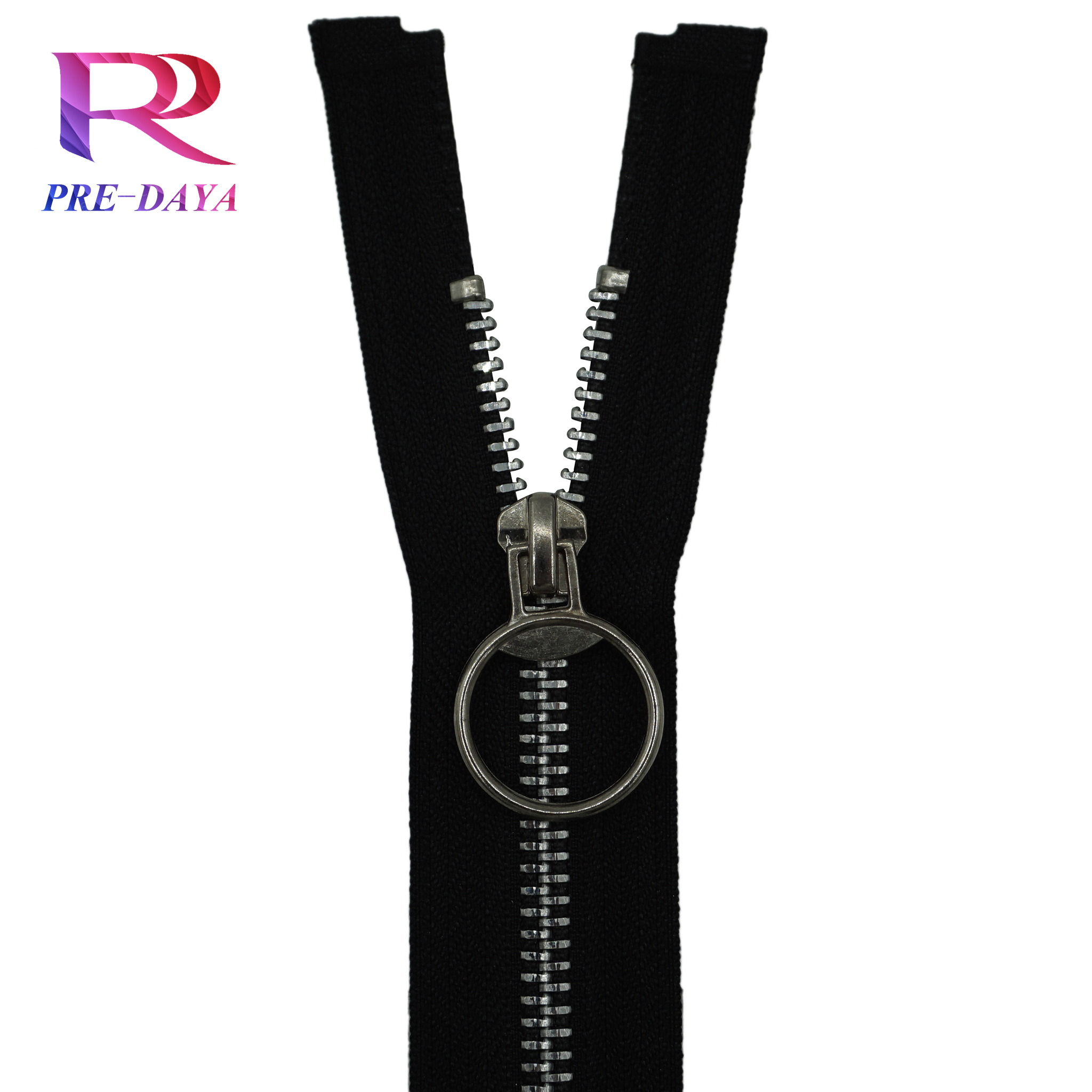 Factory Sale Cheap 3# 5# 8# Aluminum Silver Metal Zipper with Ring Puller Black Tape for Coat