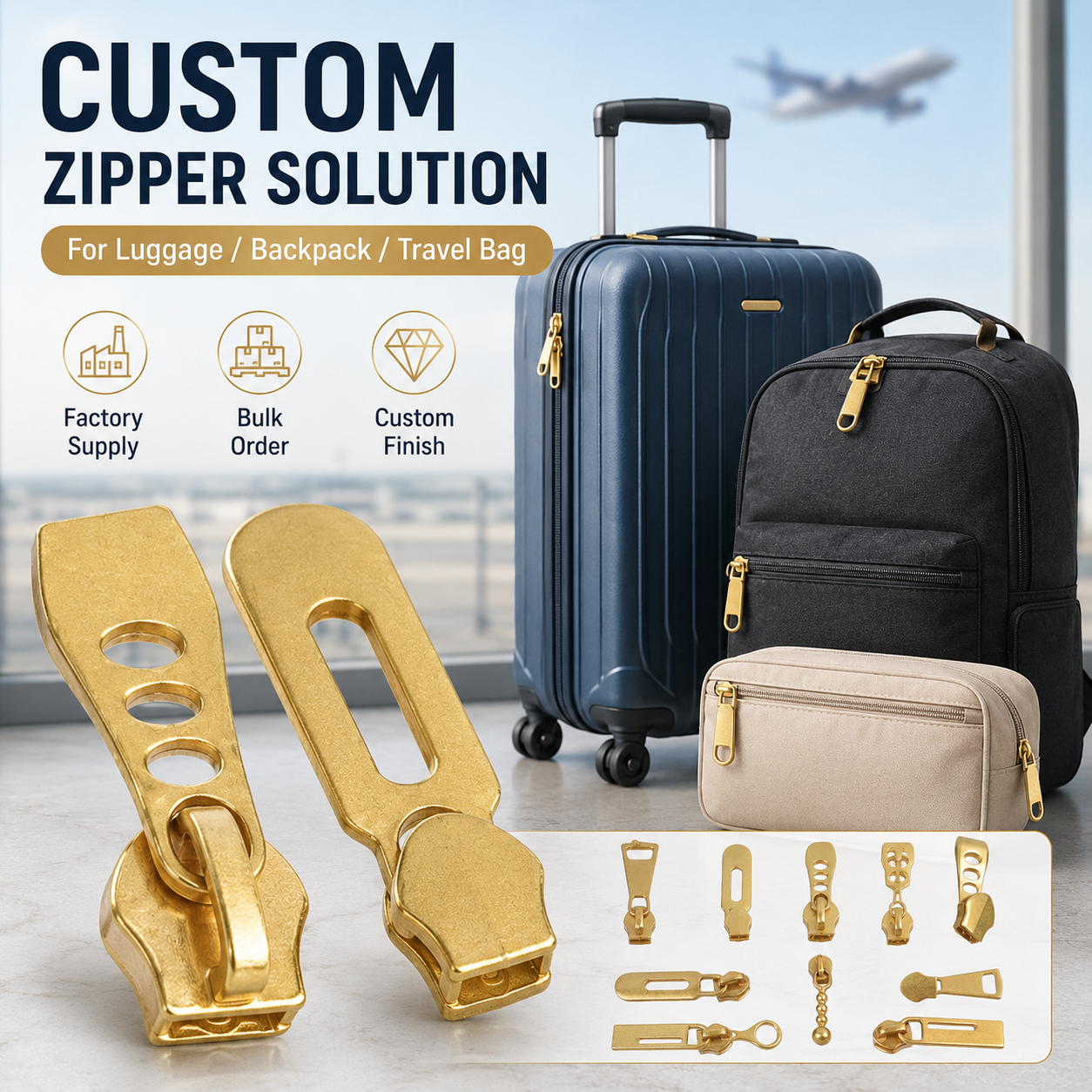 Luxury Custom Matte Brass Color Zipper Slider Nickel-Free Zinc Alloy Customizable Shape Logo For Leather Goods Travel Luggage