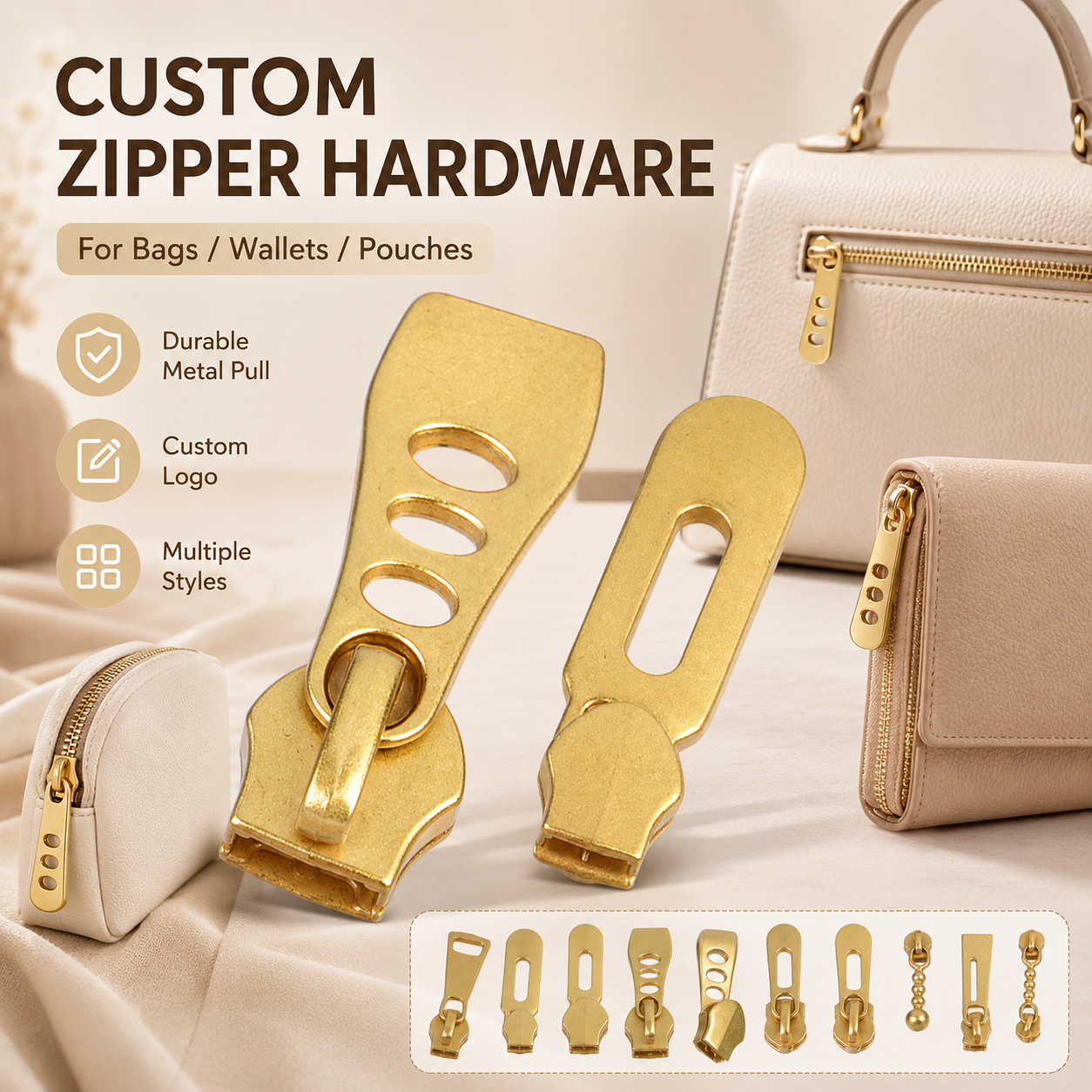 Luxury Custom Matte Brass Color Zipper Slider Nickel-Free Zinc Alloy Customizable Shape Logo For Leather Goods Travel Luggage