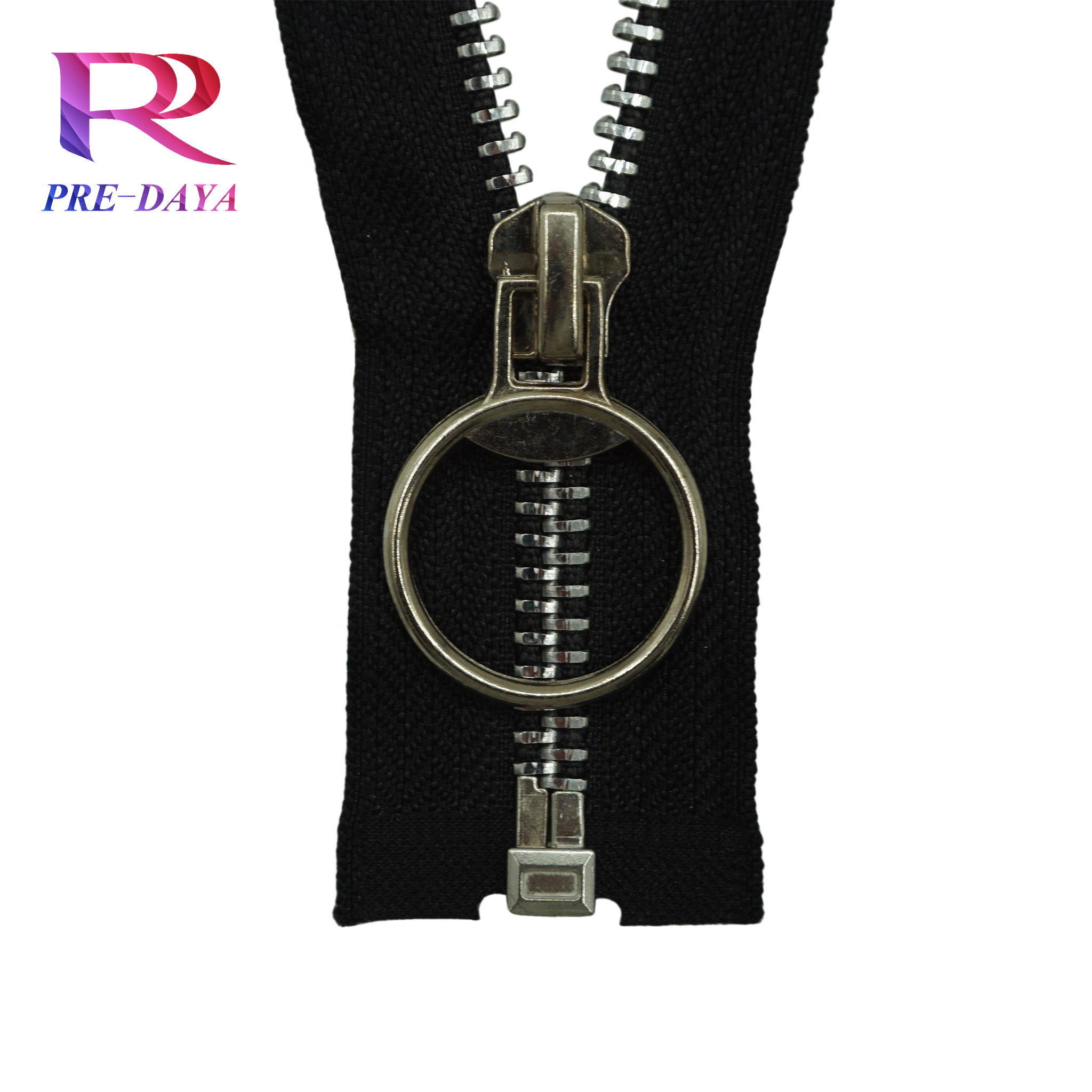 Factory Sale Cheap 3# 5# 8# Aluminum Silver Metal Zipper with Ring Puller Black Tape for Coat