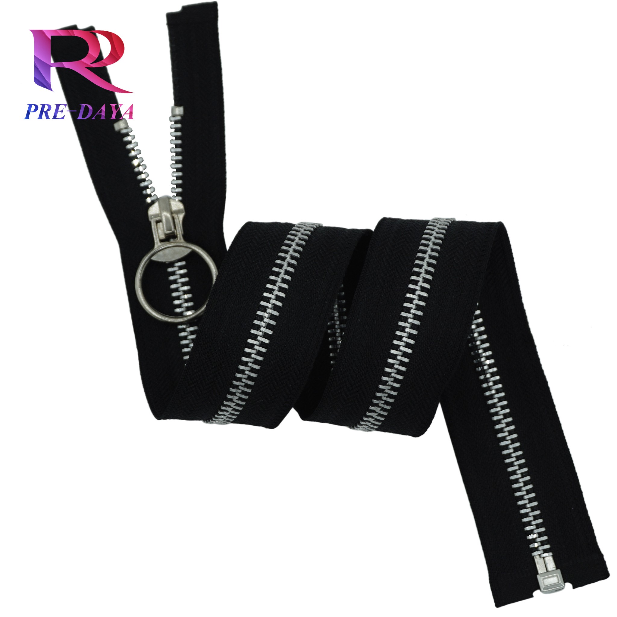 Factory Sale Cheap 3# 5# 8# Aluminum Silver Metal Zipper with Ring Puller Black Tape for Coat