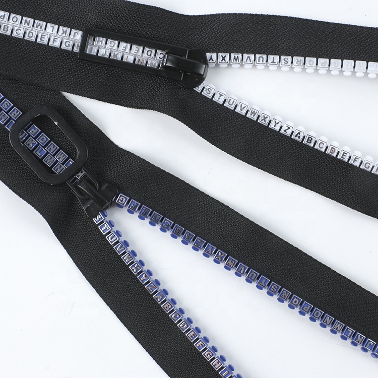 New Fashion Factory OEM Zipper 5# Plastic Zips Color Teeth Zipper English Letter Injection Resin Plastic Vislon Zipper
