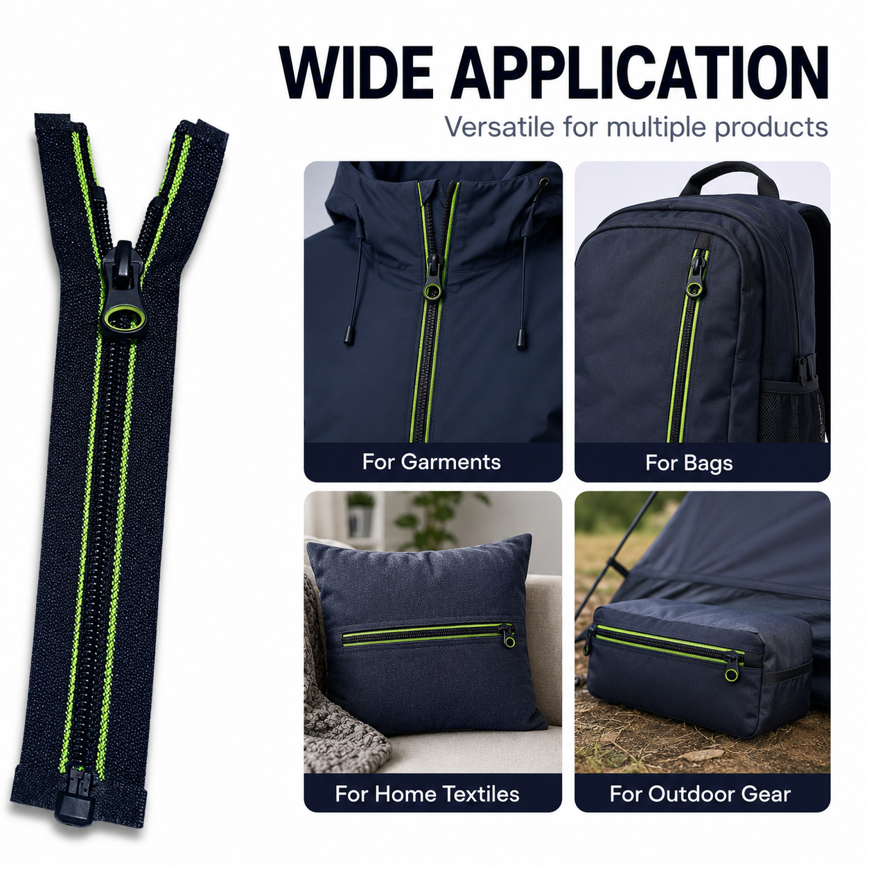 Wholesale Factory Customized Garment Zipper With Double Green Sewing Thread 5# Open-end Auto Lock Slider Black Nylon Zipper