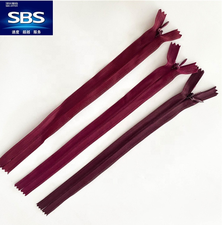 High Quality 40cm Sbs3# Burgundy Invisible Closed Self-Locking Nylon Zipper for Clothing and Dresses Factory Wholesale Spot