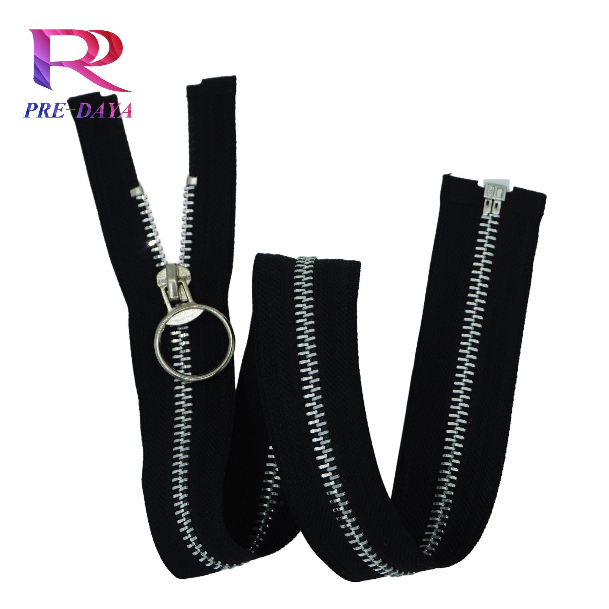 Factory Sale Cheap 3# 5# 8# Aluminum Silver Metal Zipper with Ring Puller Black Tape for Coat