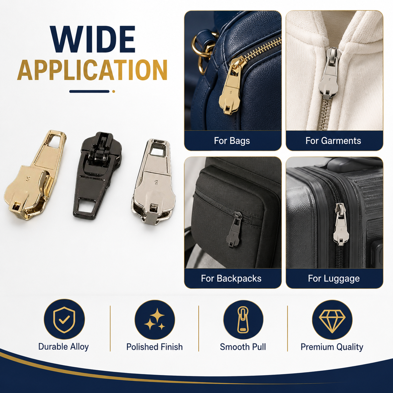 Wholesale Custom Made Metal Zipper Head Replacement YG Gold Black Nickel Spring Lock Sliders Jeans Zipper Pulls For Bags
