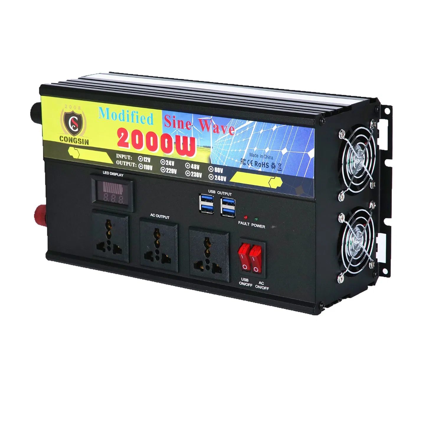 Nova Chegada 2000W inversor de potência dc 12v para ac 220v inversor de onda senoidal modificada de grande capacidade com três tomadas de saída AC