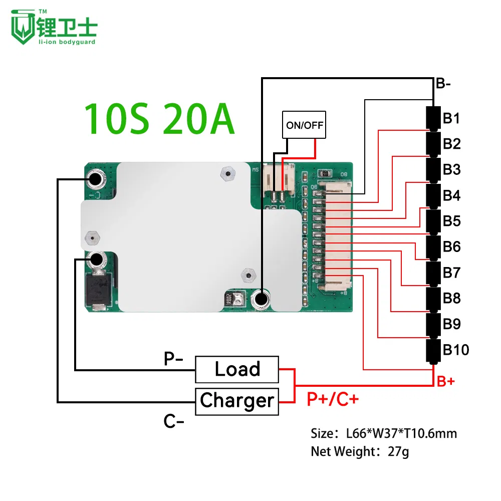 Placa de Proteção de Bateria de Lítio 10s 20A 48V Controle de Carga e Descarga BMS 10s com Interruptor Eletrônico/Ntc