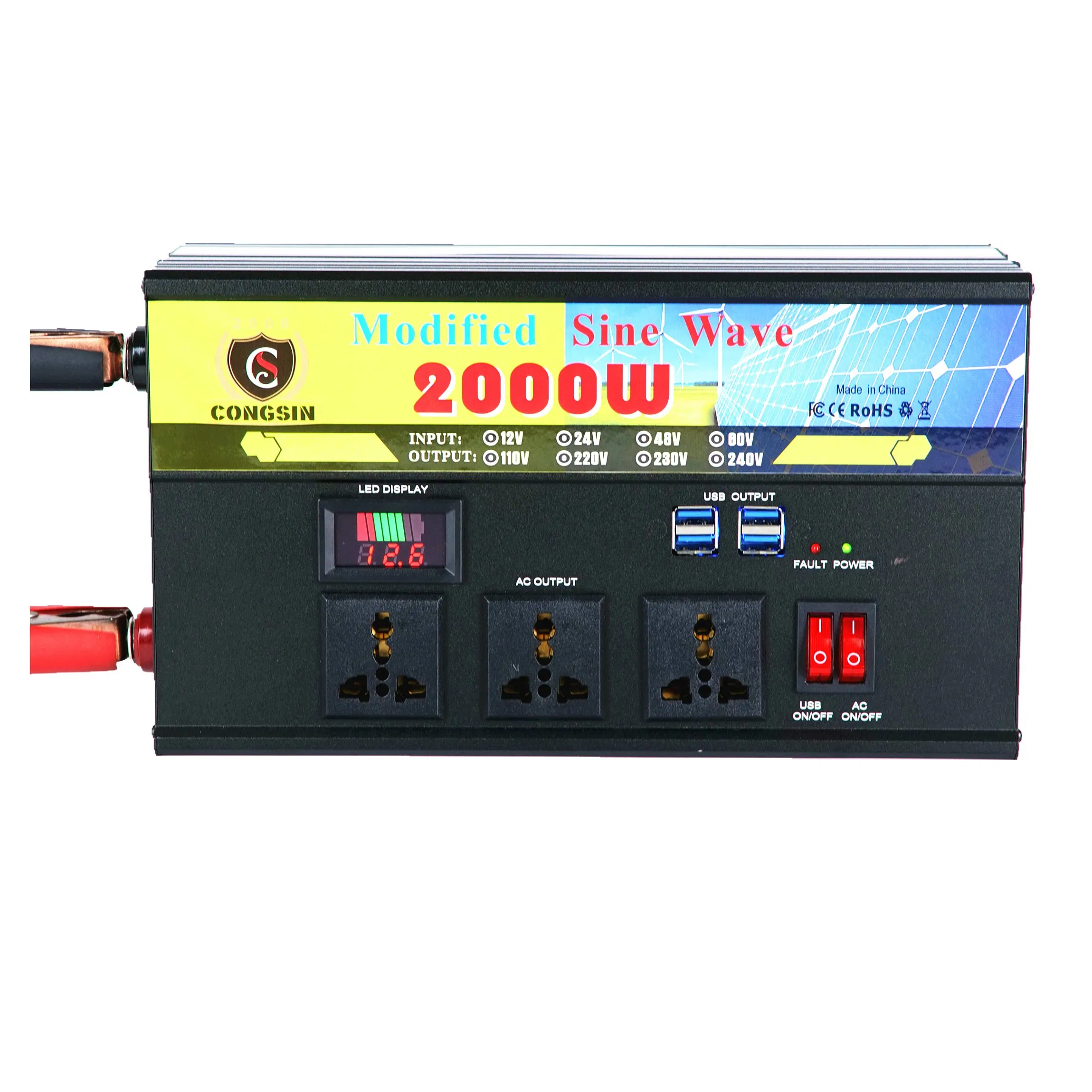 Nova Chegada 2000W inversor de potência dc 12v para ac 220v inversor de onda senoidal modificada de grande capacidade com três tomadas de saída AC