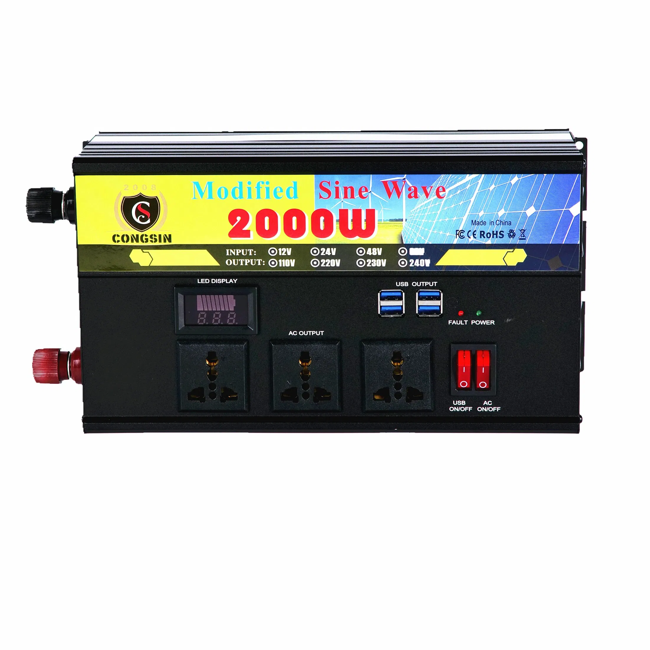 Nova Chegada 2000W inversor de potência dc 12v para ac 220v inversor de onda senoidal modificada de grande capacidade com três tomadas de saída AC