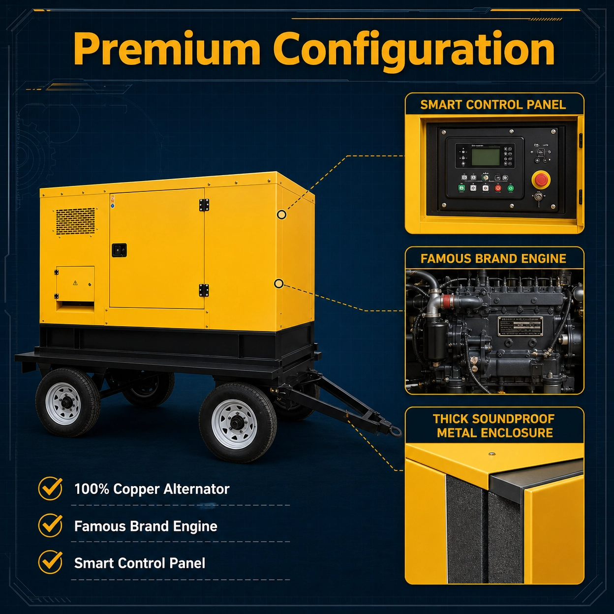 Mobile Diesel Generator Set Trailer Super Silent Engine Auto Start Remote Start ATS Single/Three Phase 50 Hz Electric Power