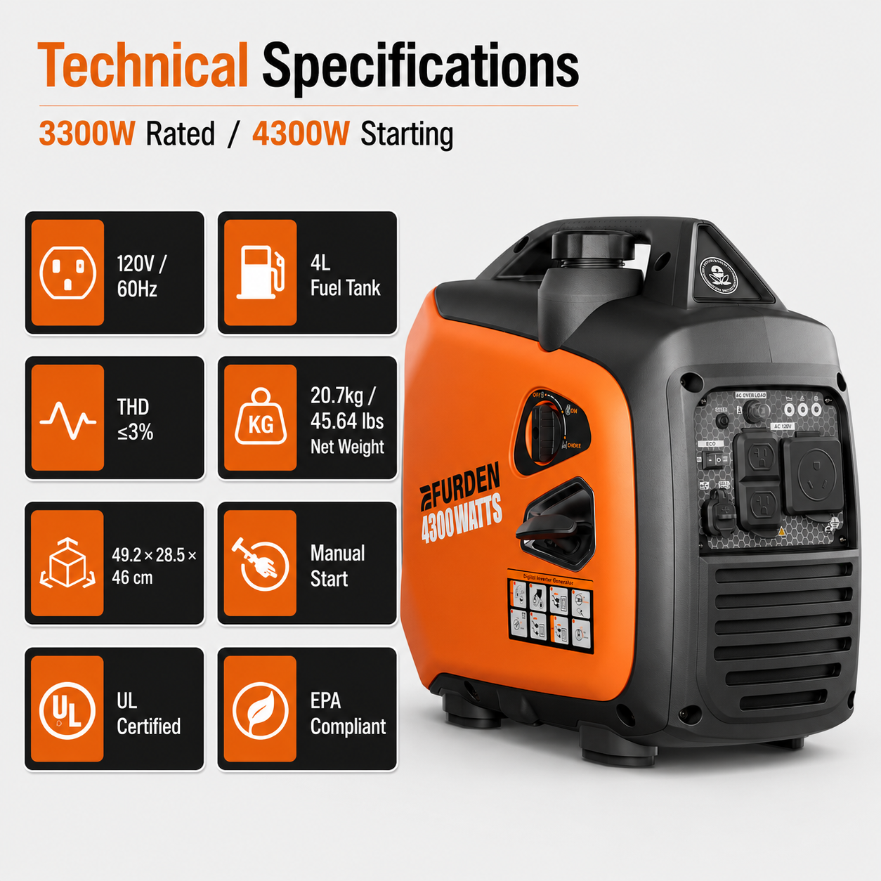 Portable Recoil Start Silent Pure Sine Wave Petrol 3300W/3.3KW Inverter Generator For Home Backup, RV, Camping And Eme
