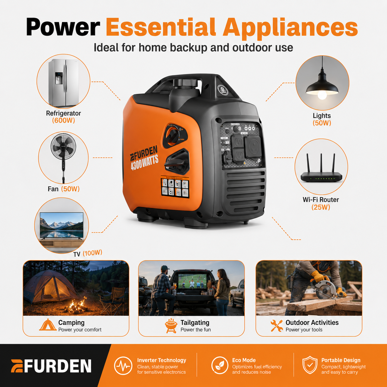 Portable Recoil Start Silent Pure Sine Wave Petrol 3300W/3.3KW Inverter Generator For Home Backup, RV, Camping And Eme