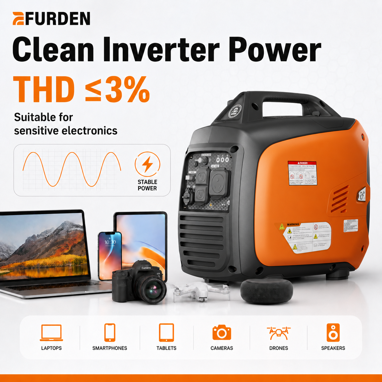 Portable Recoil Start Silent Pure Sine Wave Petrol 3300W/3.3KW Inverter Generator For Home Backup, RV, Camping And Eme