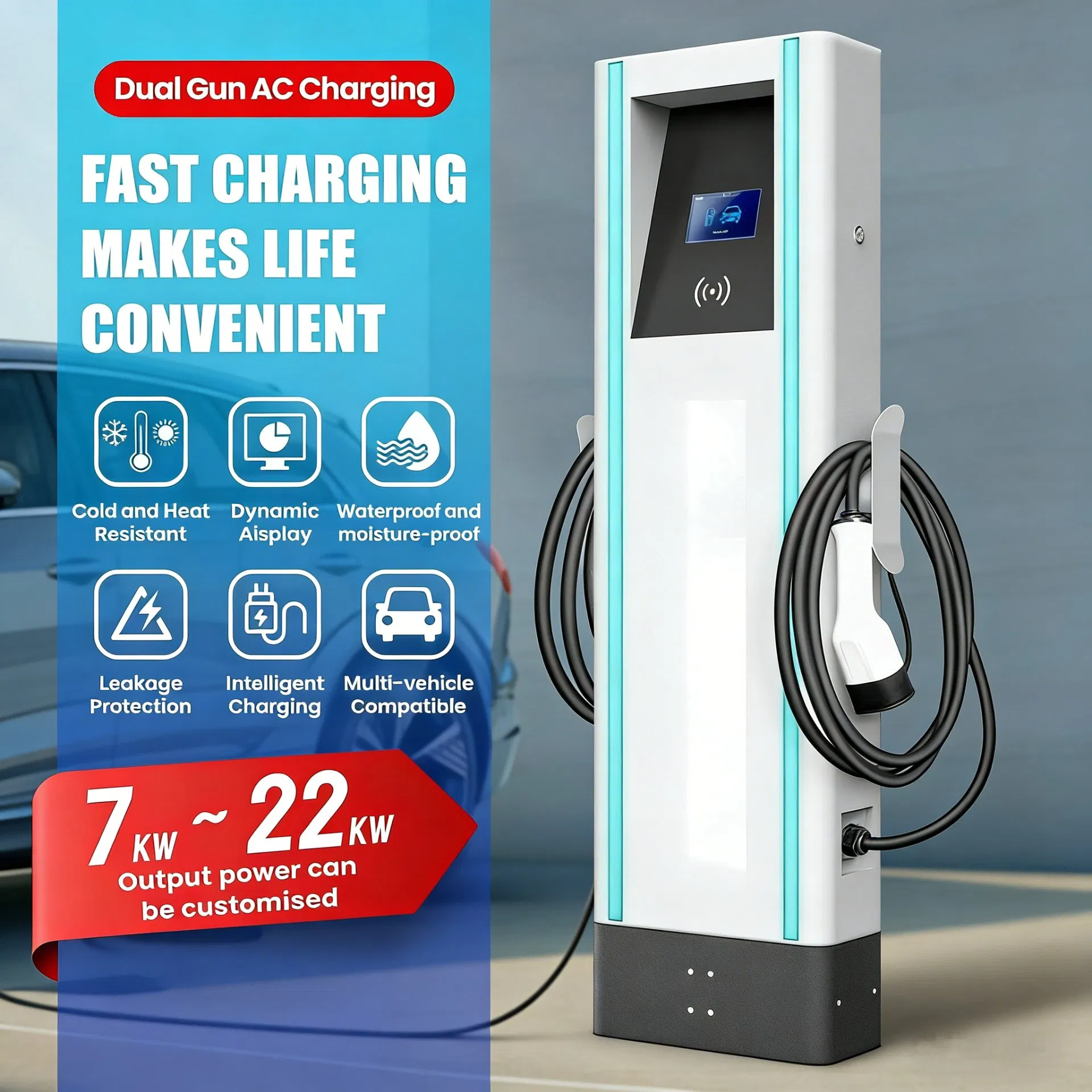 Floor-Mounted AC EV Charging Station Dual-Gun 7kw 11kw 22kw Multi-Standard for Hotel Parking