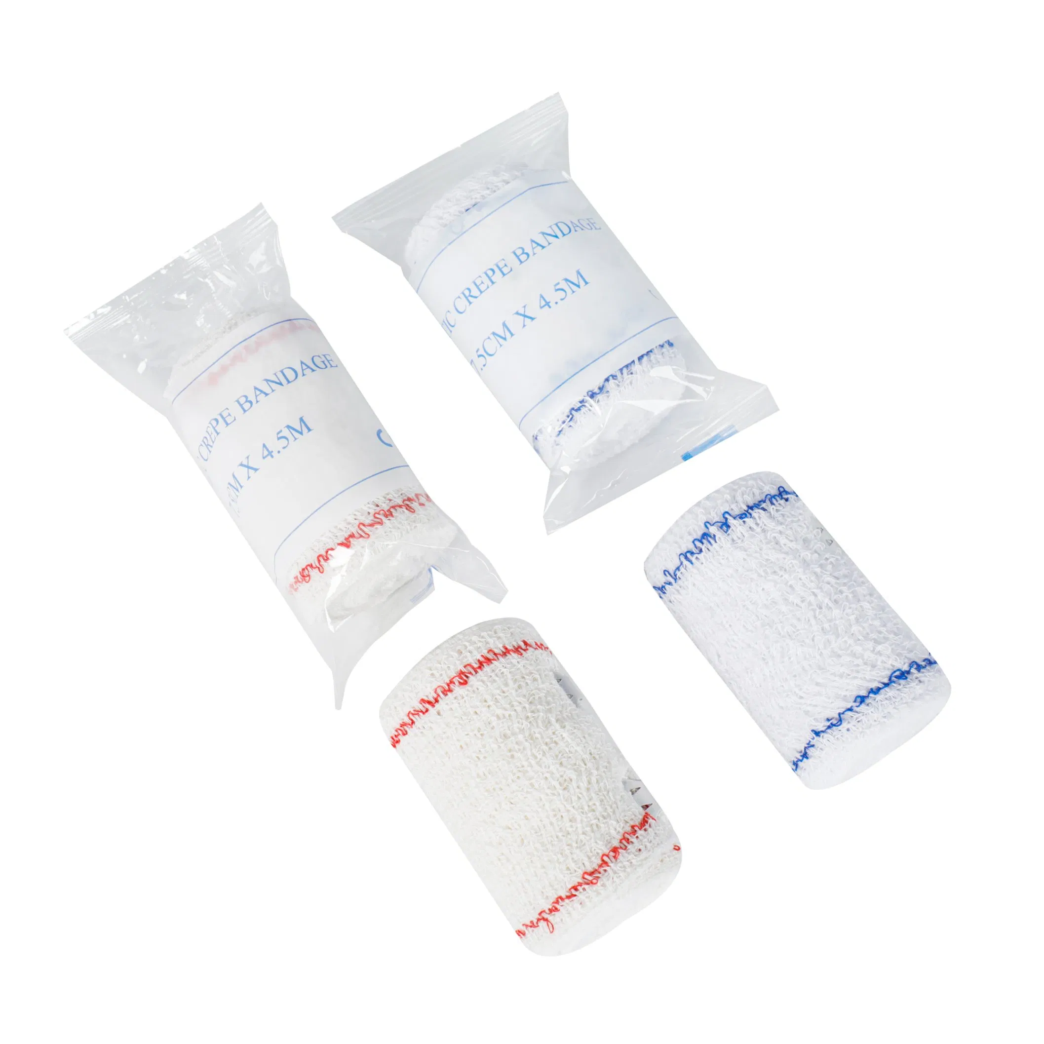 High-Quality Disposable Cotton Crepe Bandage with Elasticity, Red/Blue Edges, with Clips