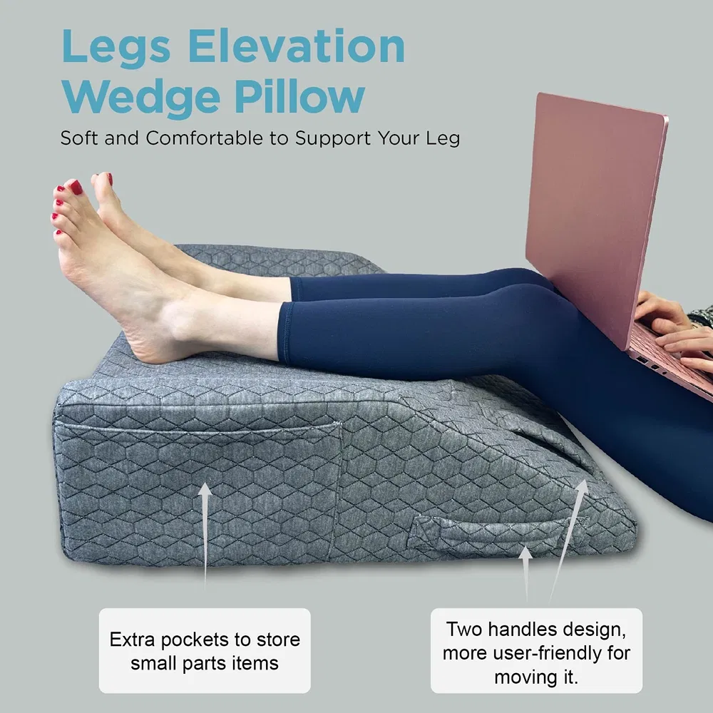 Leg Elevation Wedge Support Pillow with Handles and Pockets After Surgery, Injury, for Knee, Ankle Support