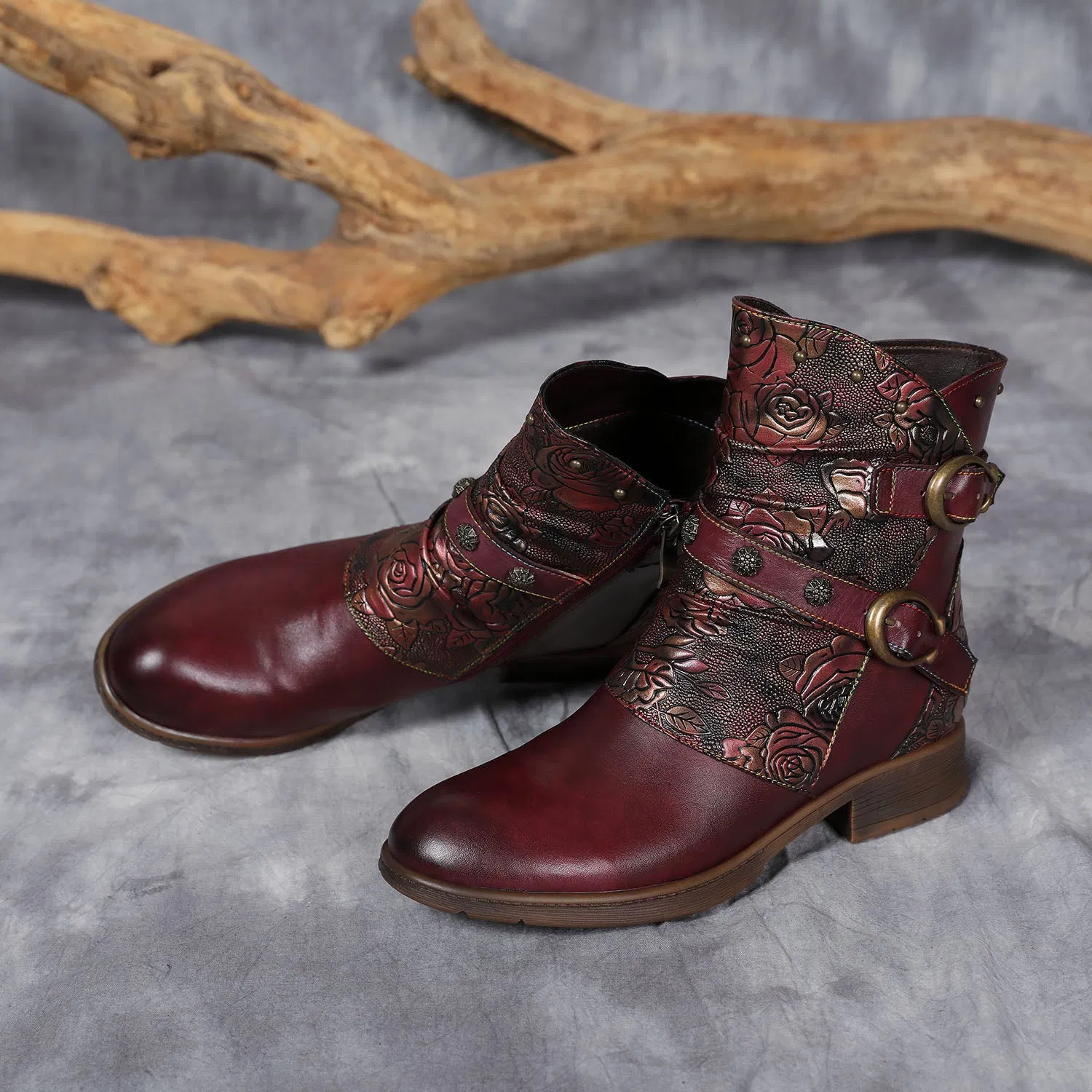 Retro Painted Buckle Flat Shoes Handmade Leather Fashion Ankle Boots