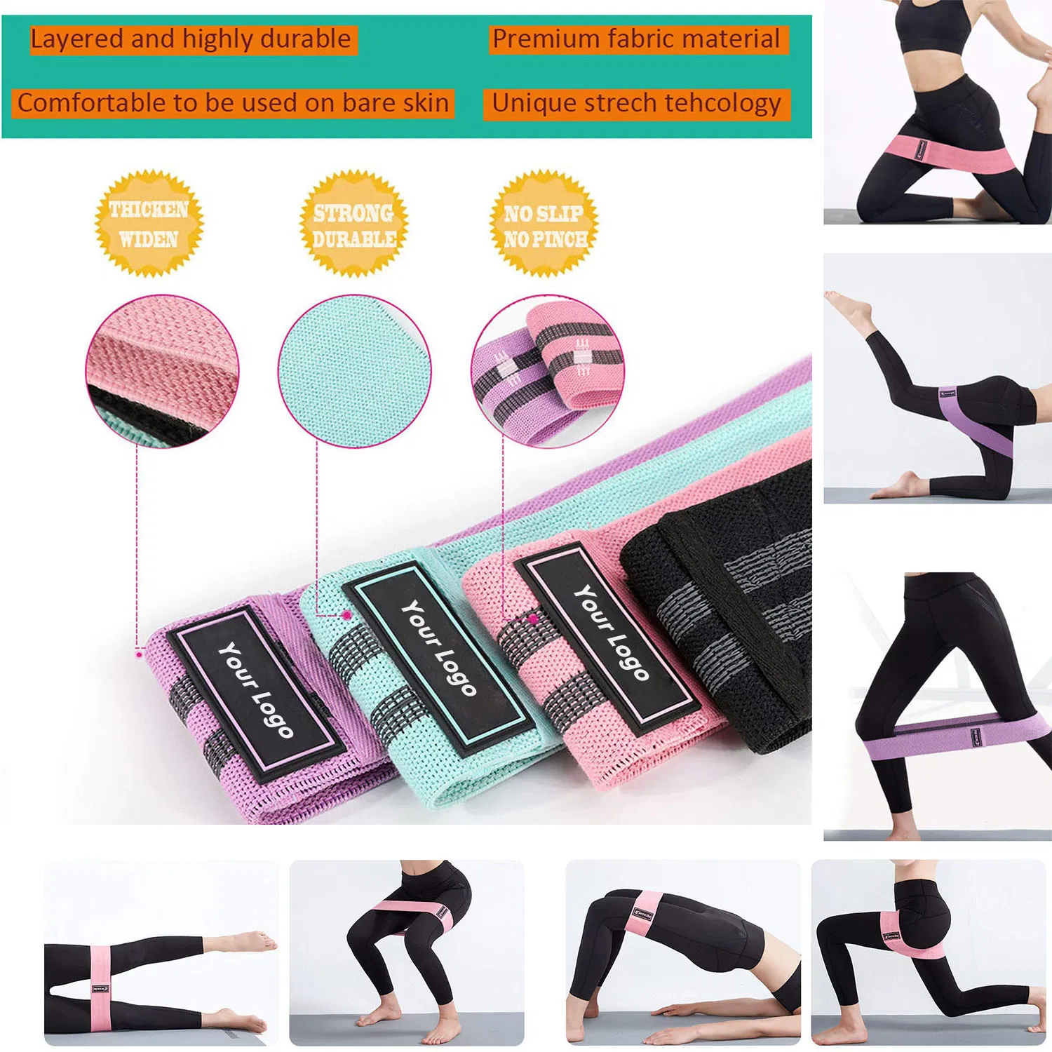 Anti-Slip Fabric Glute Resistance Bands 3 Set with Storage Bag