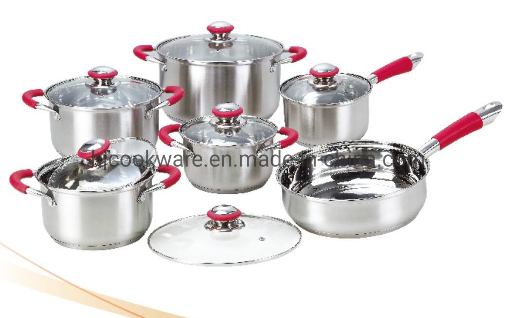 صناعة أدوات المطبخ 12PCS أواني الطهي المصنوعة من الفولاذ المقاوم للصدأ مع مقبض سيليكون