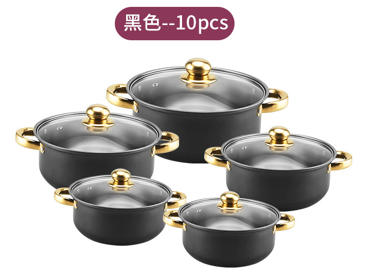 10PCS مجموعة أواني الطهي من الفولاذ المقاوم للصدأ بمقابض مجوفة (وعاء حليب/قدر صلصة ووعاء حساء) 16/18/20/22/24 سم