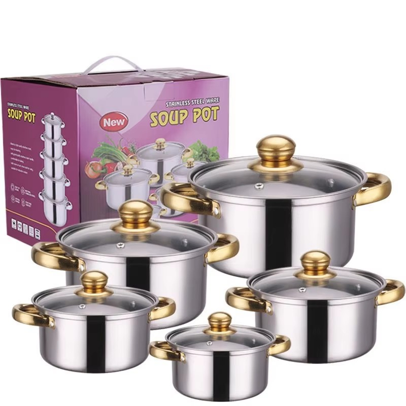 10PCS مجموعة أواني الطهي من الفولاذ المقاوم للصدأ بمقابض مجوفة (وعاء حليب/قدر صلصة ووعاء حساء) 16/18/20/22/24 سم