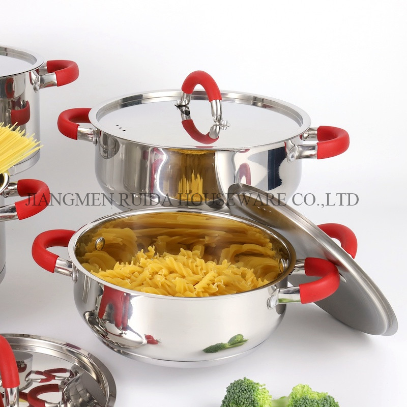 مجموعة أواني الطهي المصنوعة من السيليكون المخصص، 6/8/12PCS أواني المطبخ المصنوعة من الفولاذ المقاوم للصدأ مع قاعدة تعمل بالحث