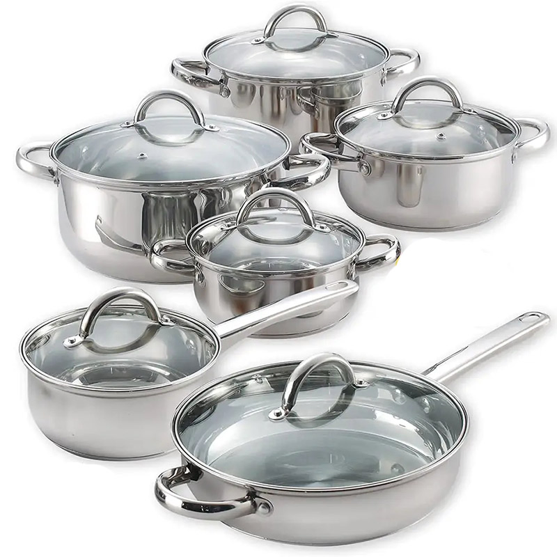 12PCS طقم طهي من الفولاذ المقاوم للصدأ مع غطاء زجاجي، طقم قدرات مع وعاء غليان
