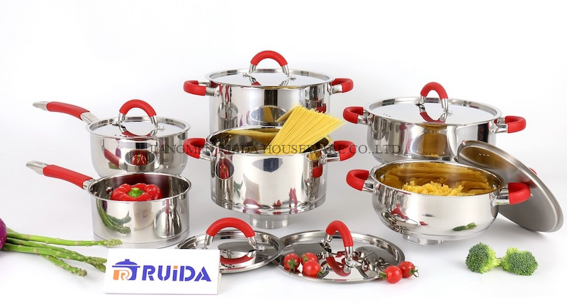 مجموعة أواني الطهي المصنوعة من السيليكون المخصص، 6/8/12PCS أواني المطبخ المصنوعة من الفولاذ المقاوم للصدأ مع قاعدة تعمل بالحث
