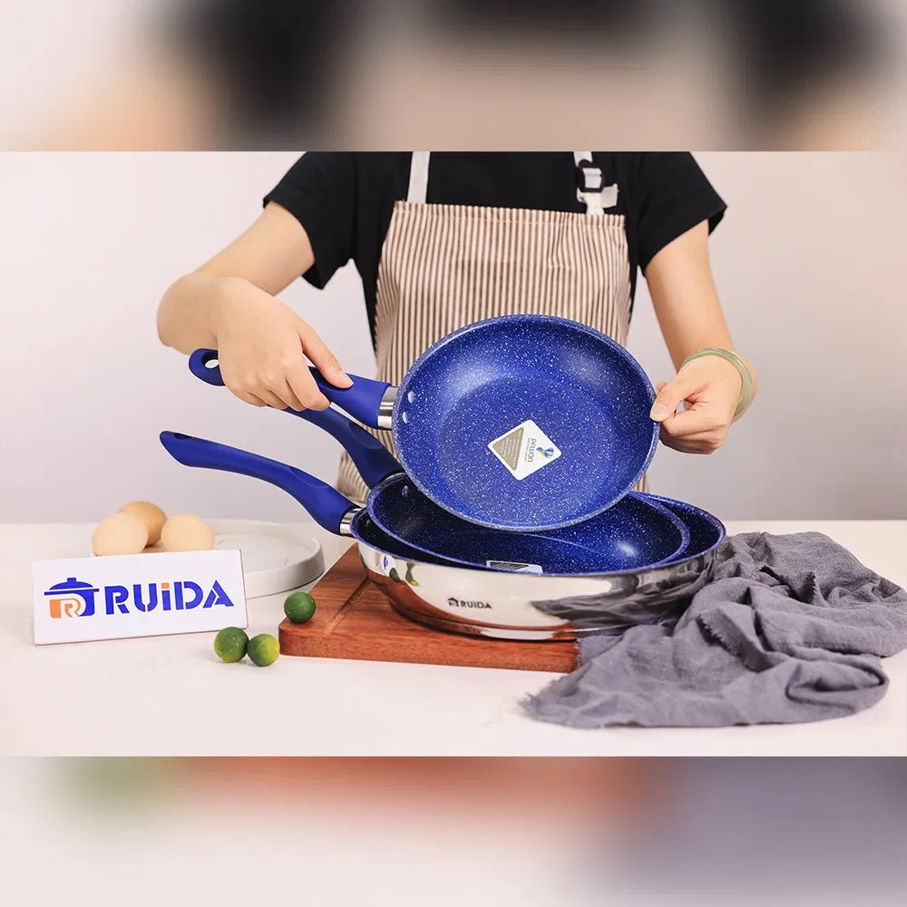 أدوات المطبخ 3PCS مقلاة غير لاصقة بطبقة من الفولاذ المقاوم للصدأ بمقبض طويل