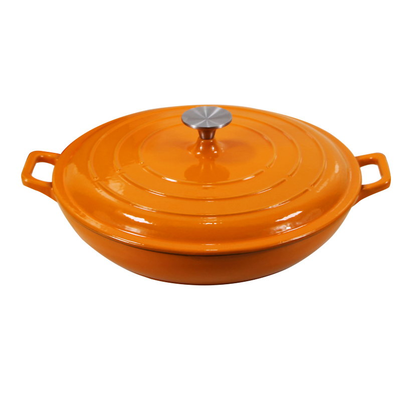 وعاء حديدي زهر ضحل من أمازون 3.8qt مع مقبض مزدوج وحافة مسطحة وقاعدة مسطحة مع زر من الفولاذ المقاوم للصدأ