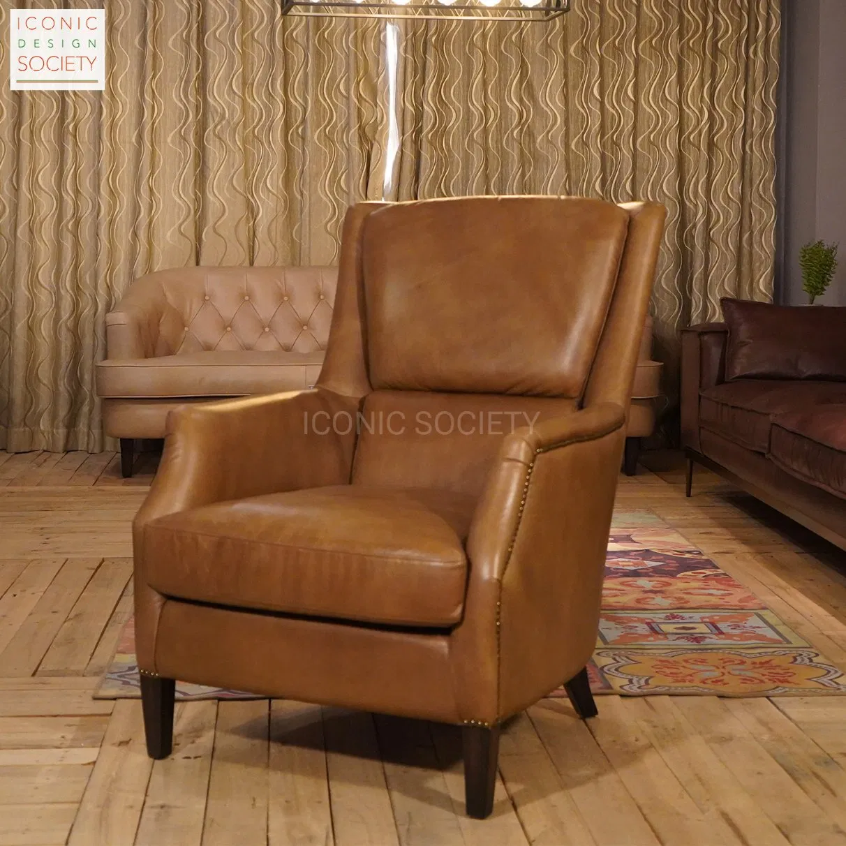 Vintage Living Room Furniture Sitting Room Office Wooden Frame Chair Hotel Wingback Club Chesterfield Accent Genuine Leather Chair