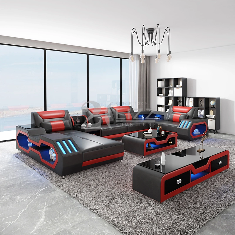European Modern Sectional Leisure Living Room Home Furniture U Shape Genuine Leather Sofa Couch Set with LED Lights
