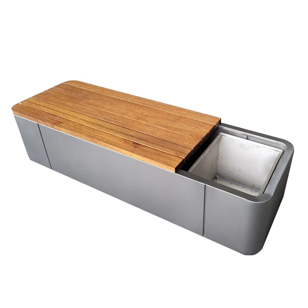 Large Square Galvanized Steel Planters Commercial Wood Bench Pot Flower Planter Outside Metal Planter for Public Park and Garden with Flower Pots Long Seating