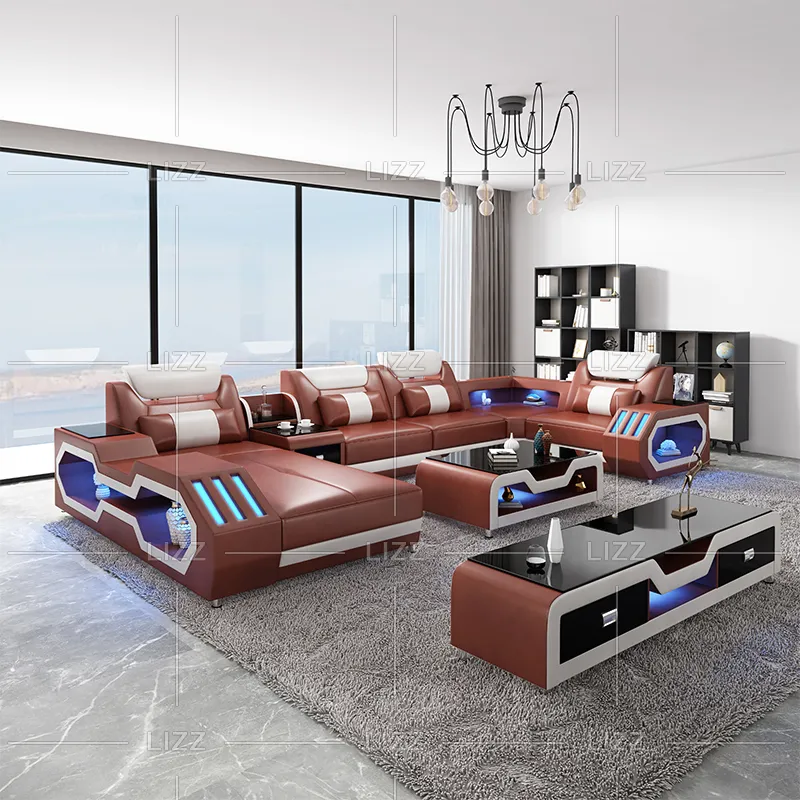 European Modern Sectional Leisure Living Room Home Furniture U Shape Genuine Leather Sofa Couch Set with LED Lights
