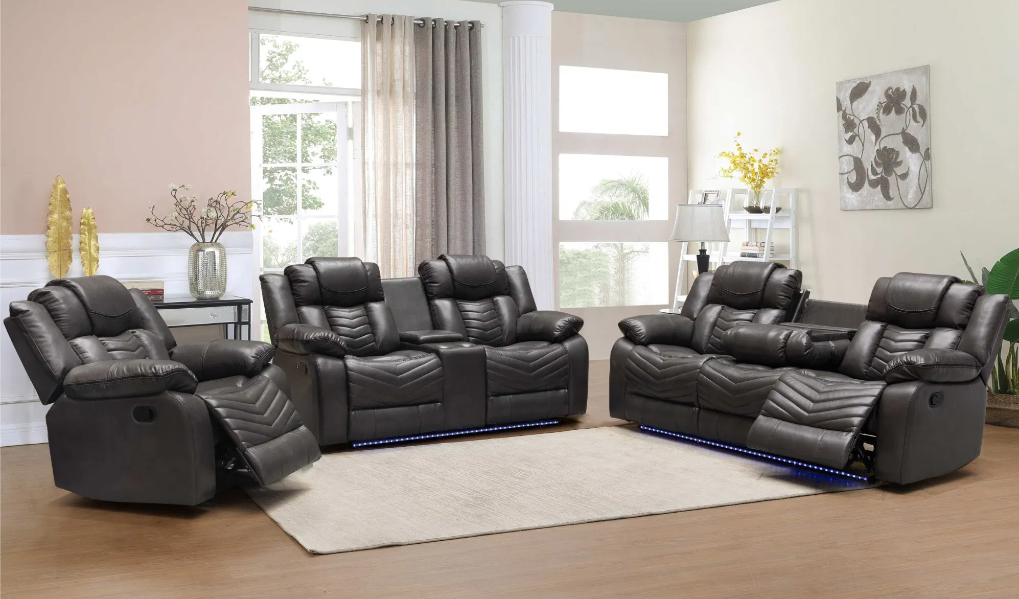 Wholesale Air Leather Power Reclining Sofa Loveseat with Dropdown Table LED Cup Holderreading Light wireless