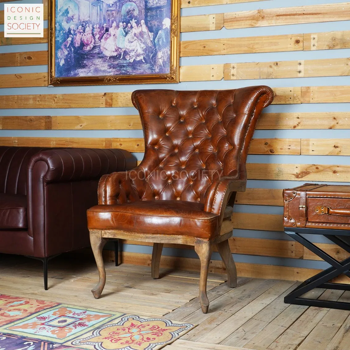 Vintage Living Room Sitting Room Furniture Wooden Frame Chair Hotel Wingback Tufted Club Accent Genuine Caster Dark Brown Leather Chair